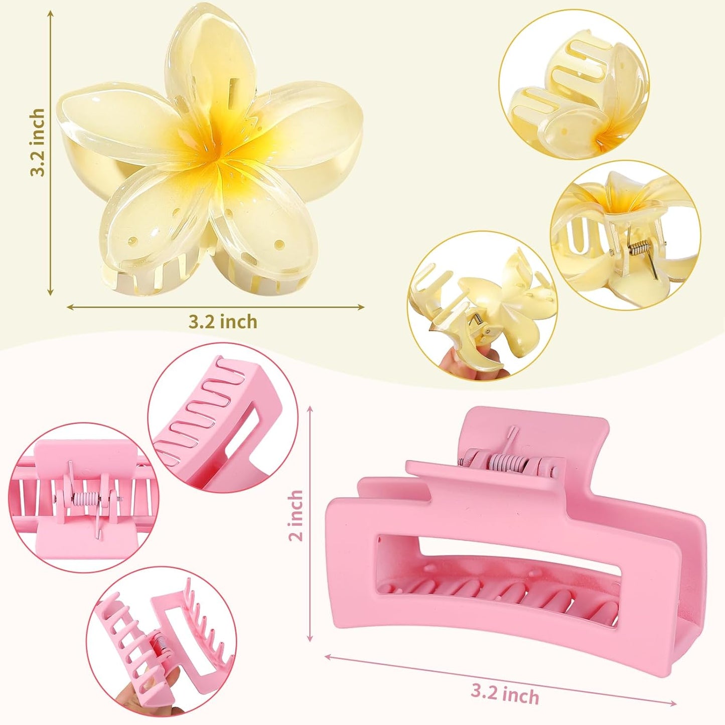 Flower Hair Clips - Square Claw Clips for Thick or Thin Hair | 6 PCS Hawaiian Hibiscus & Plumeria Styles (Pink)