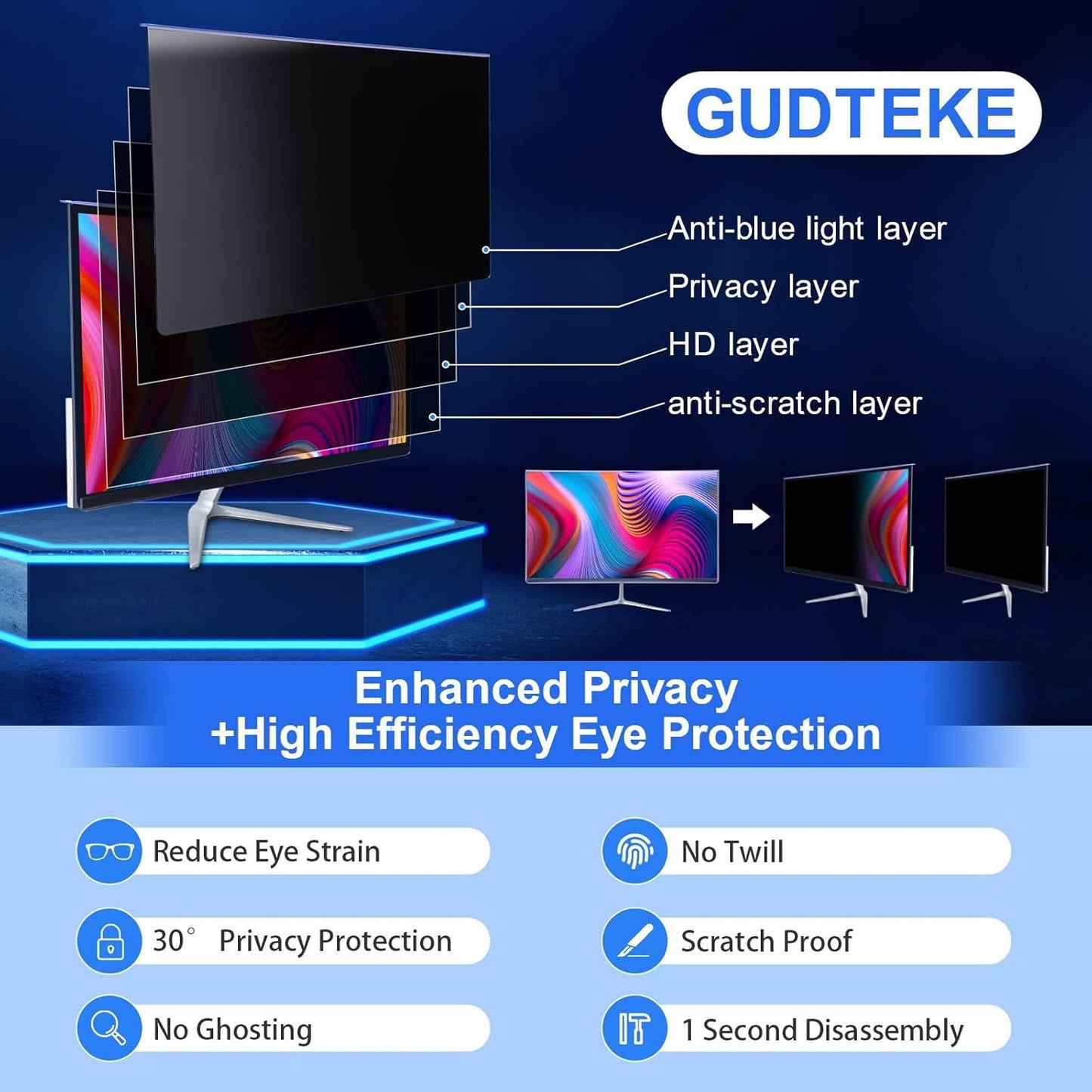 27" Computer Privacy Screen Filter - Anti-Glare Widescreen Monitor Protector | 16:9 Aspect Ratio, 2-Pack