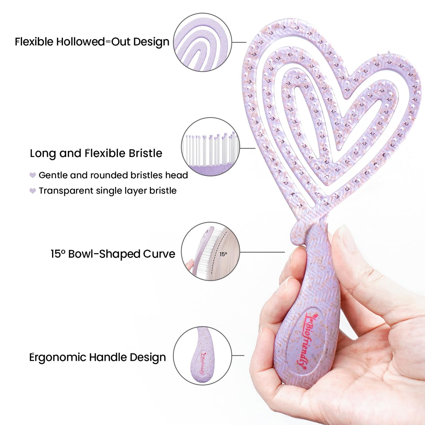 Biofriendly Mini Detangling Hair Brush for Wet & Dry Hair, Compact & Lightweight for On-the-Go Use, Gentle Flexible Bristles for Smooth Detangling, Heart-Shaped Design, Lilac Veil