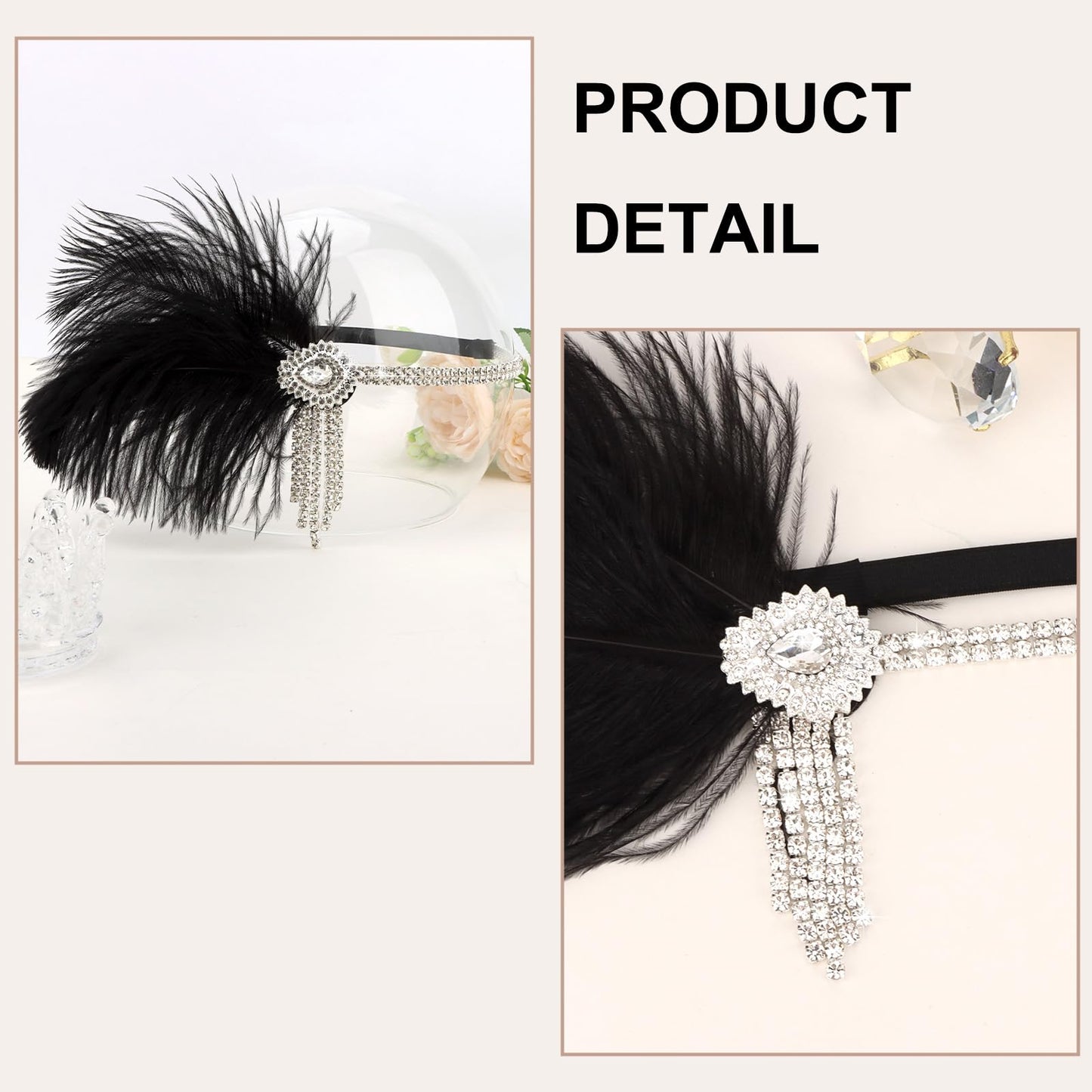 WHAVEL 1920s Flapper Feather Headband Gatsby Headpiece for Women Black Roaring 20s Flapper Inspired Leaf Medallion Crystal Headband Cocktail Party Prom Hair Decorations
