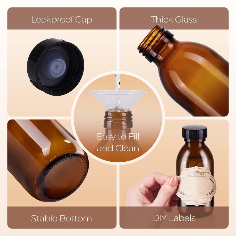 54 Pack 4 oz Amber Boston Glass Bottle with Cap, Empty Glass Bottles for Homemade Vanilla Extract, Essential Oils, Juice, Potion, Syrup, Liquids, Christmas