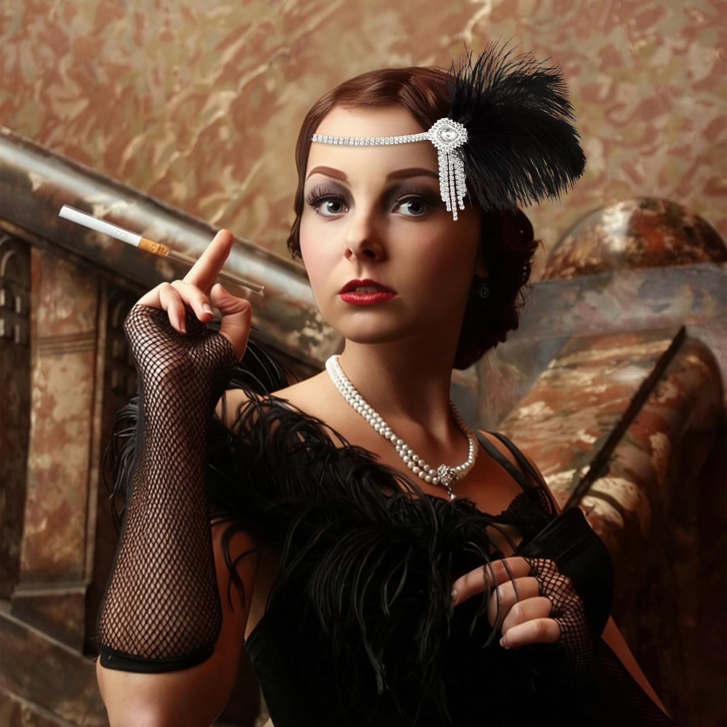 WHAVEL 1920s Flapper Feather Headband Gatsby Headpiece for Women Black Roaring 20s Flapper Inspired Leaf Medallion Crystal Headband Cocktail Party Prom Hair Decorations