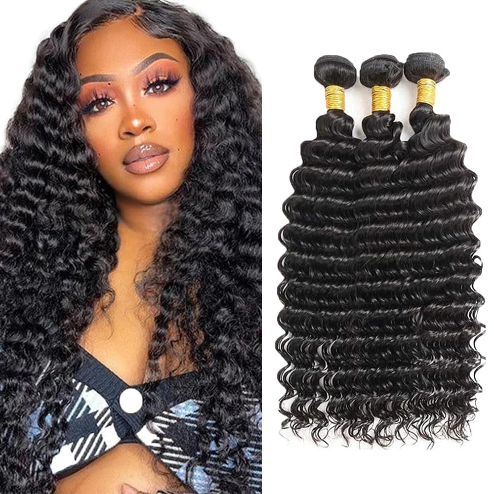30 32 34 Inch Deep Wave Bundle Human Hair 3 Bundles 150g Brazilian Virgin Human Hair Deep Wave Bundles Natural Color Unprocessed Virgin Hair Extensions