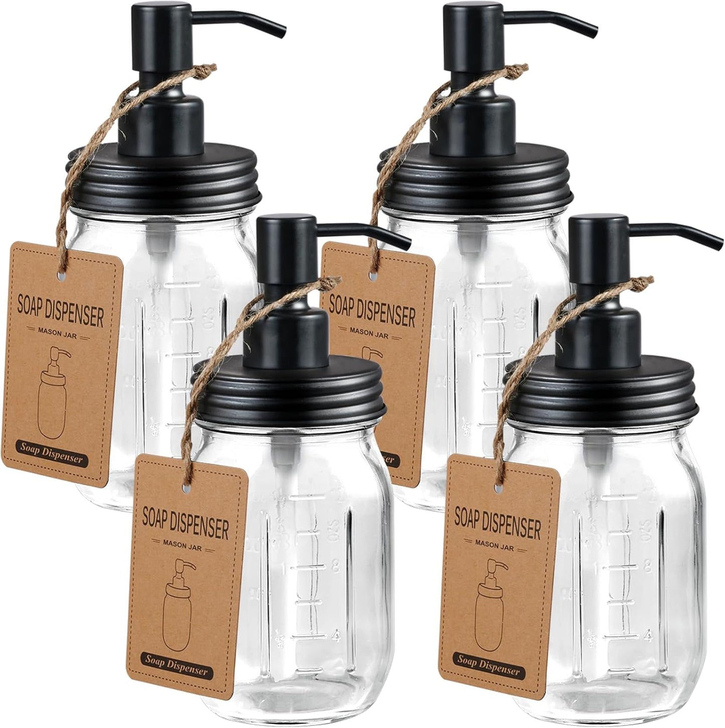 Mason Jar Liquid Soap Dispenser - 16oz Refillable Glass Pump | Black 2 Pack for Kitchen & Bathroom Decor