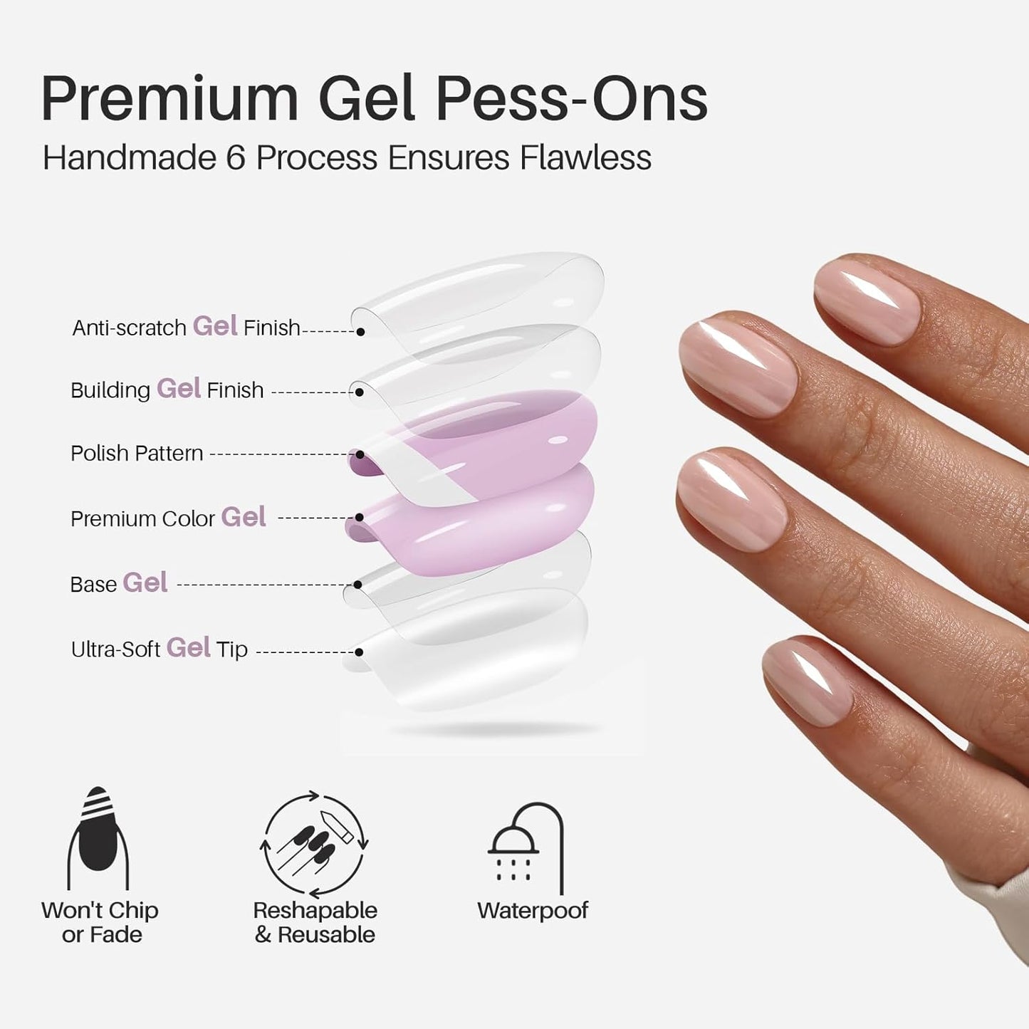 Chrome Press On Nails - Oval Soft Gel Nude Short for Women | 32 Reusable Glossy Glue-On Nails in 16 Sizes