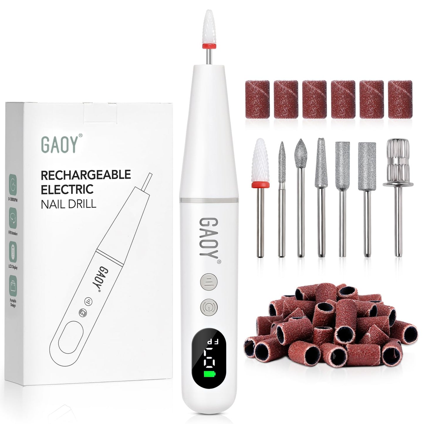 Cordless Nail Drill - Rechargeable Electric Nail File with LED Display | Lightweight Manicure & Pedicure Tool for Gel & Acrylic Removal, White