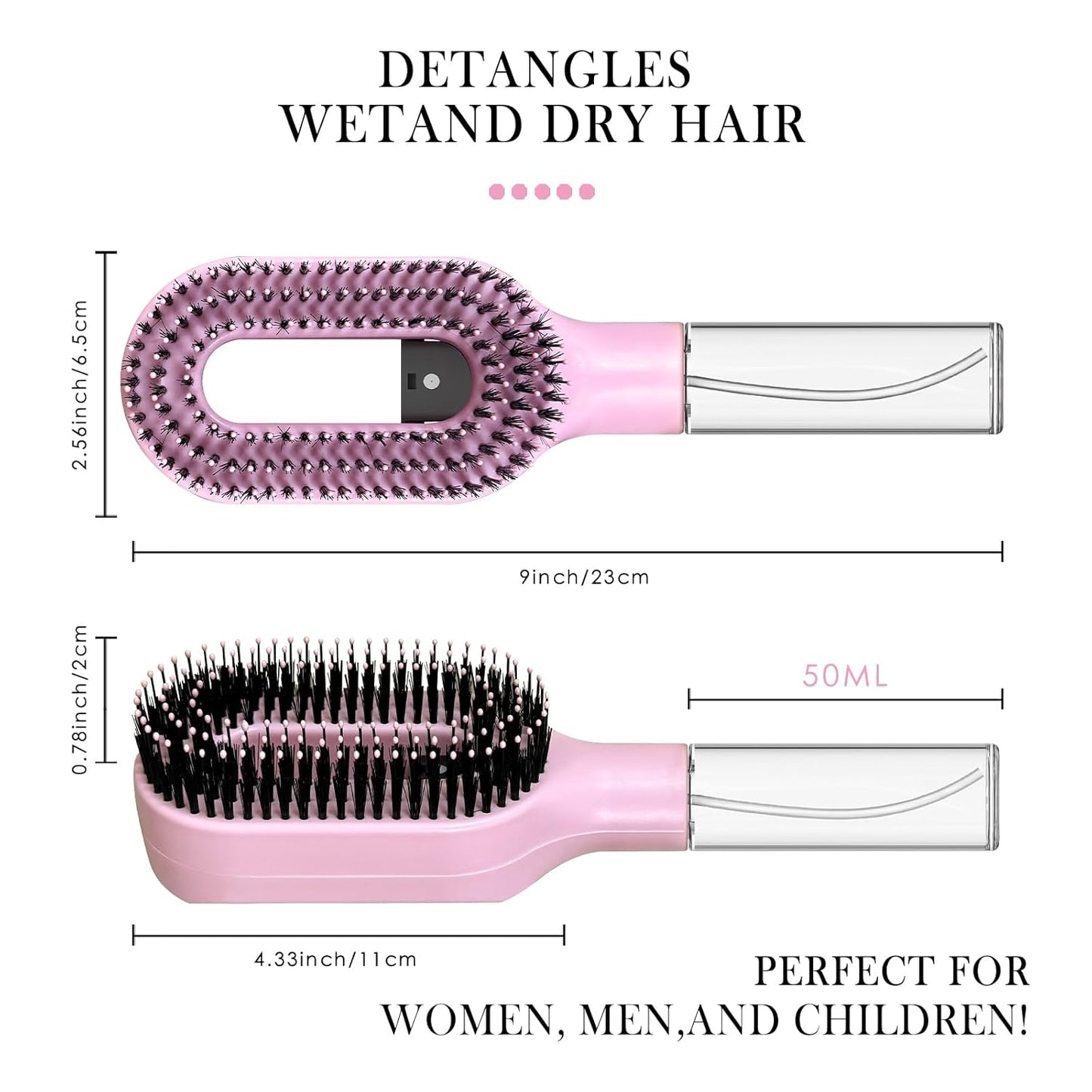2-in-1 Detangler Hair Brush - Wet & Dry Curly, Wavy, Straight Hair | Built-In Mister Spray, 50ml Water Reservoir (Pink)
