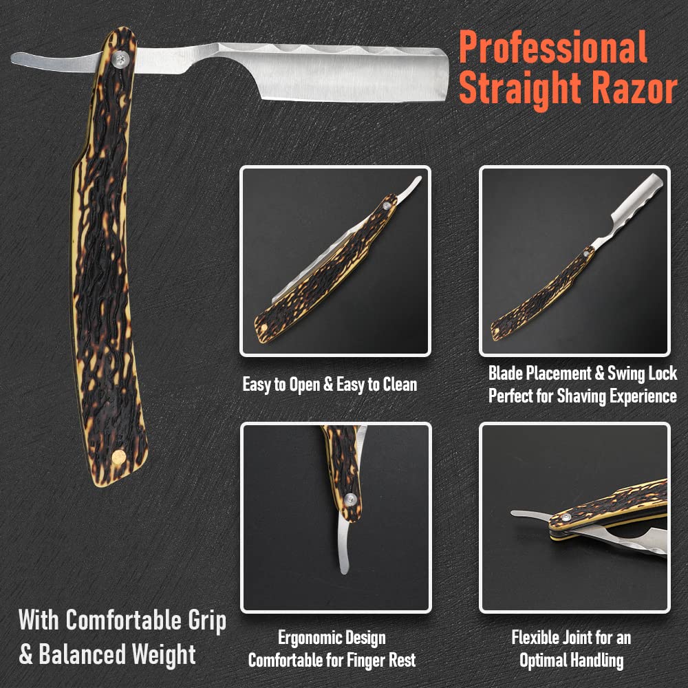 Straight Razor With Strope - Professional Straight Edge Barber Premium Stainless Steel Shaver With Shaving Strop for Men Home & Salon Grooming Using (NO.163)
