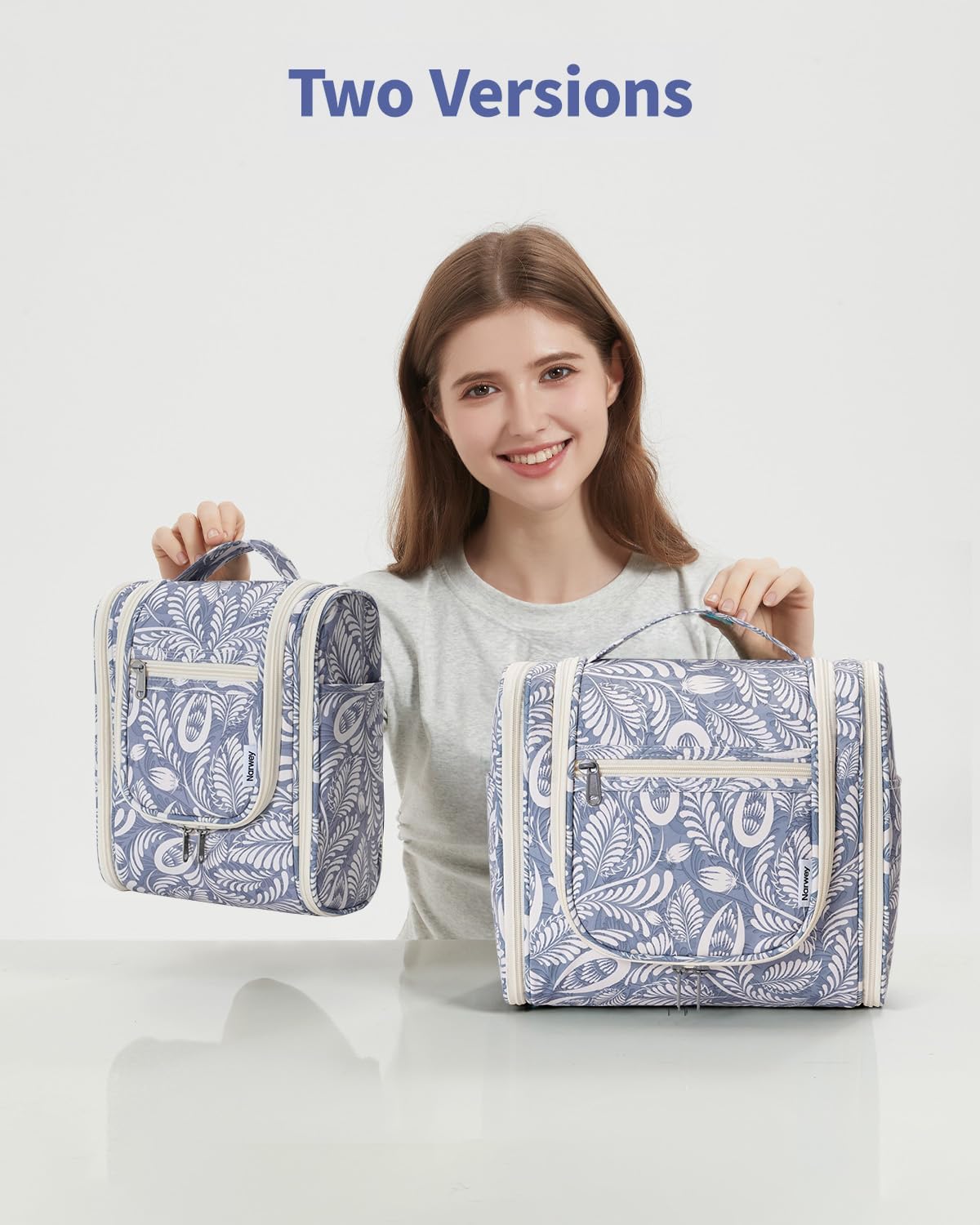 Hanging Toiletry Bag for Women | Travel Makeup Organizer - Large Blue Leaf Design