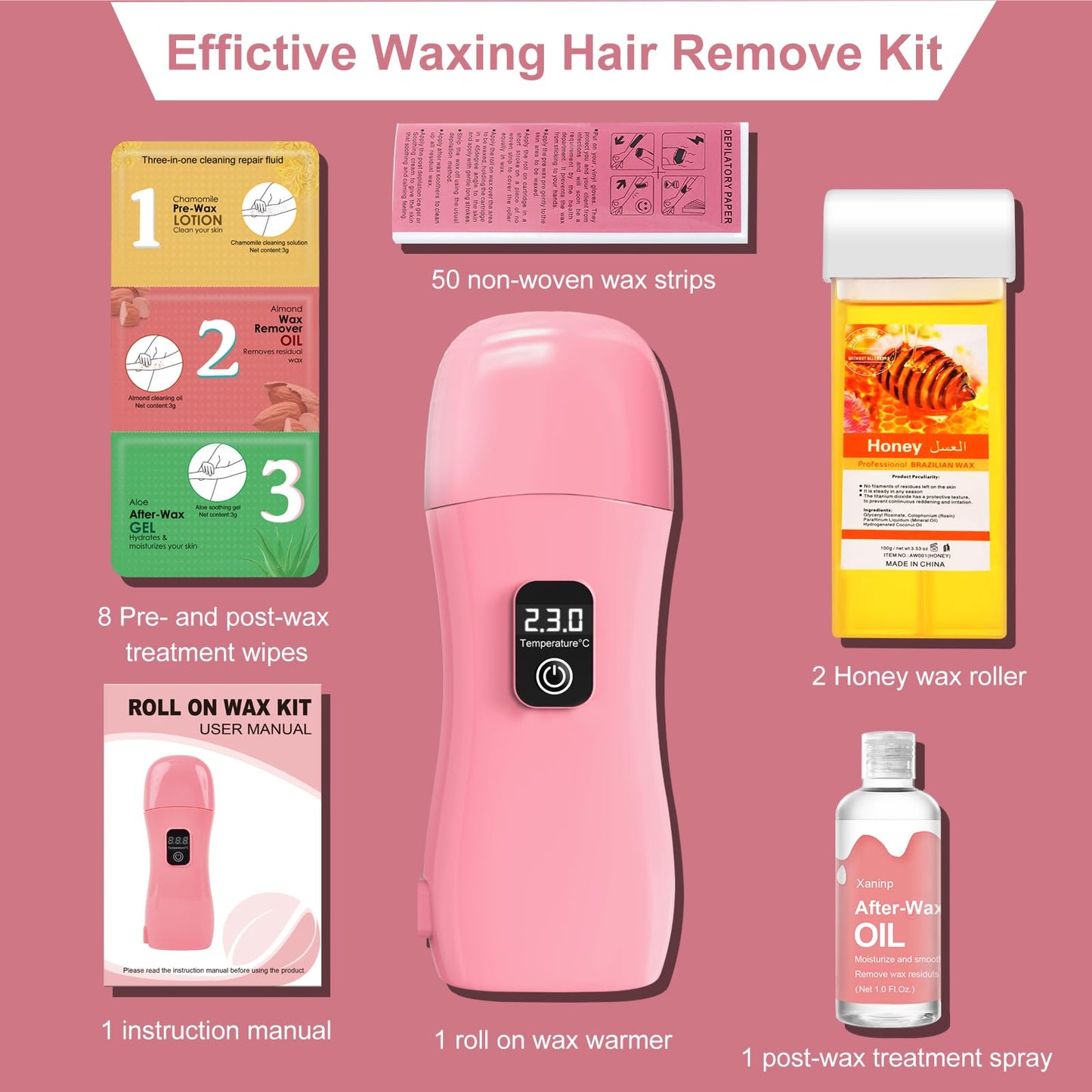 Roll on Wax Kit for Hair Removal - Wax Roller with Digital LED Display, Waxing Kit for Hair Removal for Women, Safe No-Burn At-Home Waxs Warmer, 2 Soft Honey Cartridges & 50 Strips