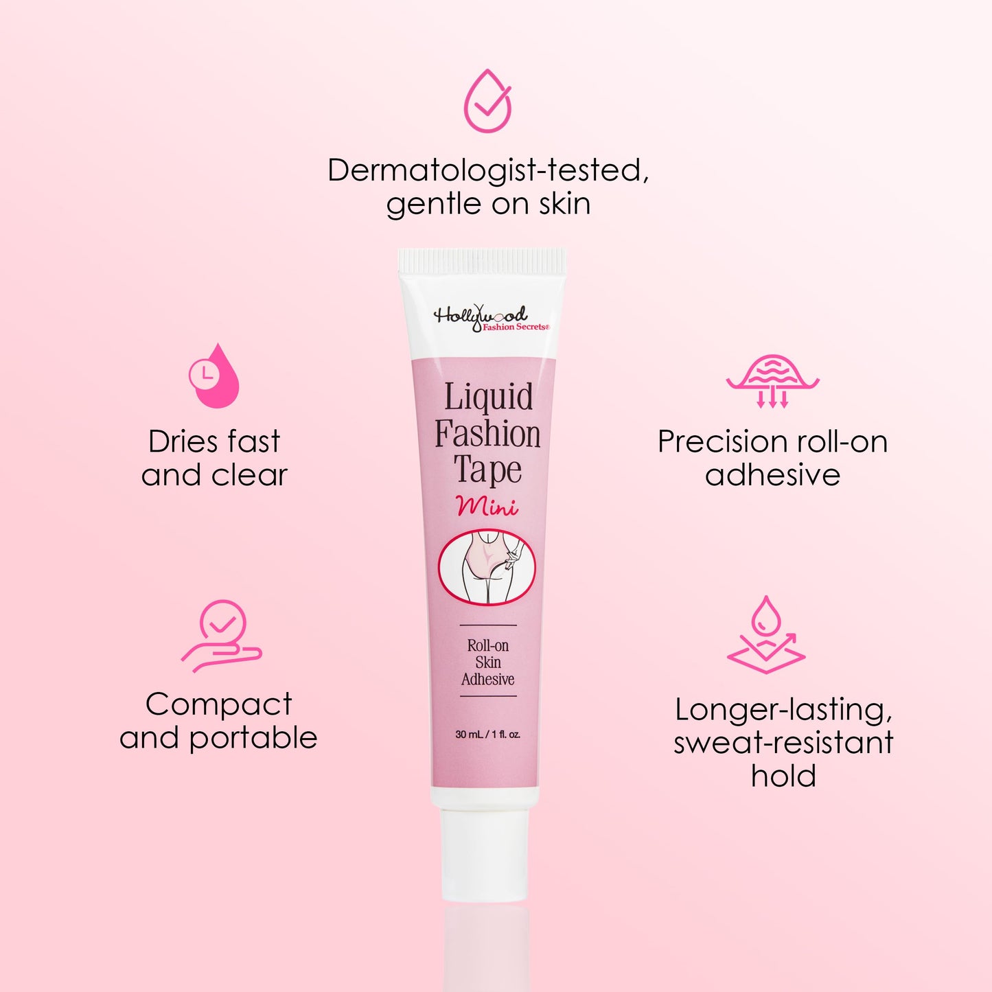 Hollywood Fashion Secrets Liquid Fashion Tape Mini – Clutch Glue Body Adhesive for Clothing, Skin Safe Body Glue for Dresses & Fabric, All Day Hold, Roll-On Skin Adhesive, 1 fl oz