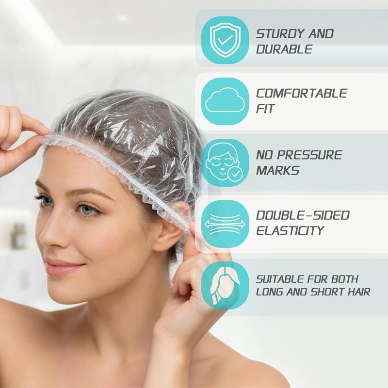 Disposable Shower Caps - Waterproof & Durable Hair Covers for Men and Women | 100 Pcs Clear Plastic for Travel & Deep Conditioning
