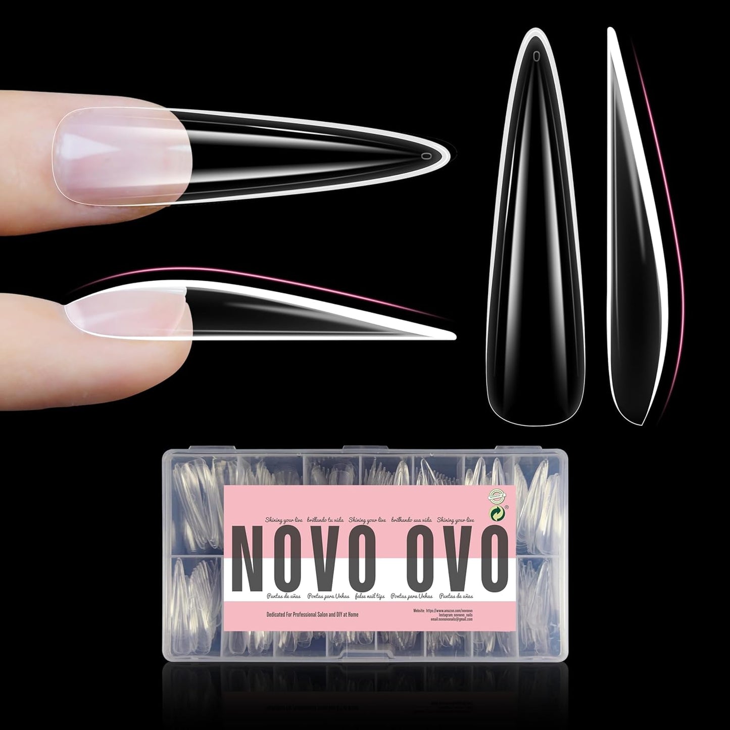 XXL Stiletto Almond Nail Tips - Extra Thick Long Press-On Nails, Full Cover Soft Gel, 300pcs in 15 Sizes