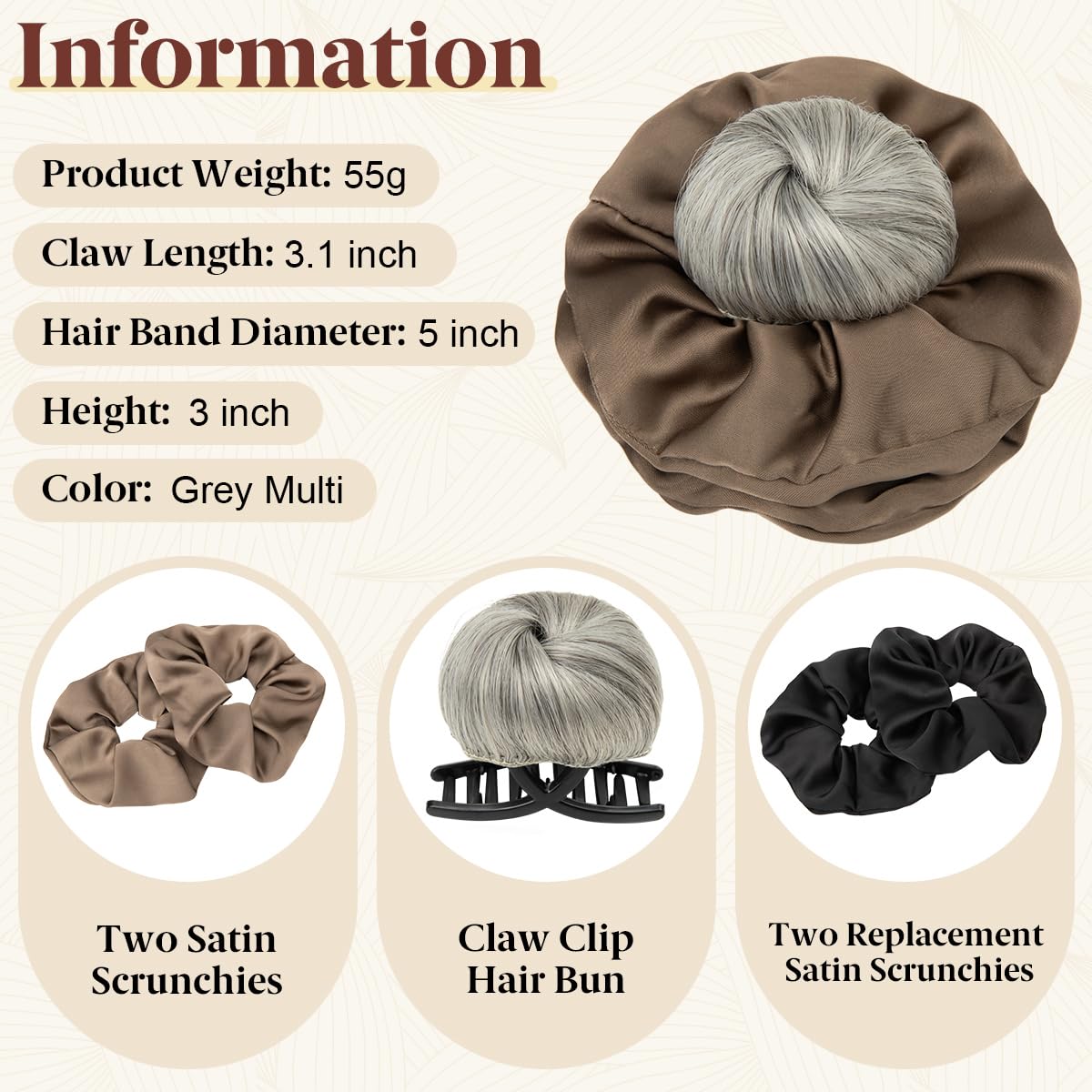 SARLA Small Sleek Claw Clip Hair Bun with Hair Scrunchies Hairpieces for Women Synthetic Elegant Updo Donut Chignon Ponytail Ease Use Grey Multi