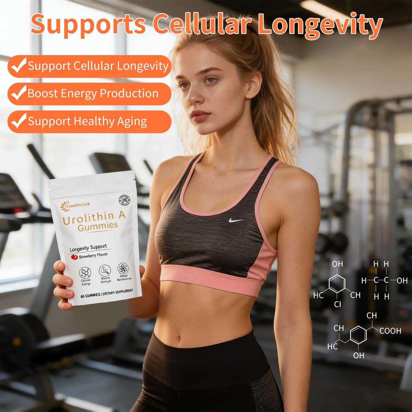 Hywebvctok Urolithin A Supplement Gummies,500mg Urolithin A+ Supplement,Mitochondrial Support Supplement for Cellular Support,Muscle Strength & Longevity,Renewal, Sugar Free,60 CT