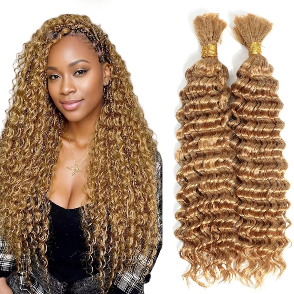 27 Boho Human Hair Blonde Human Braiding Hair For Boho Braids Honey Blonde Braiding Deep Wave Color 27 Braids Knotless Bulk Bohemian 100g 18 18 Inch
