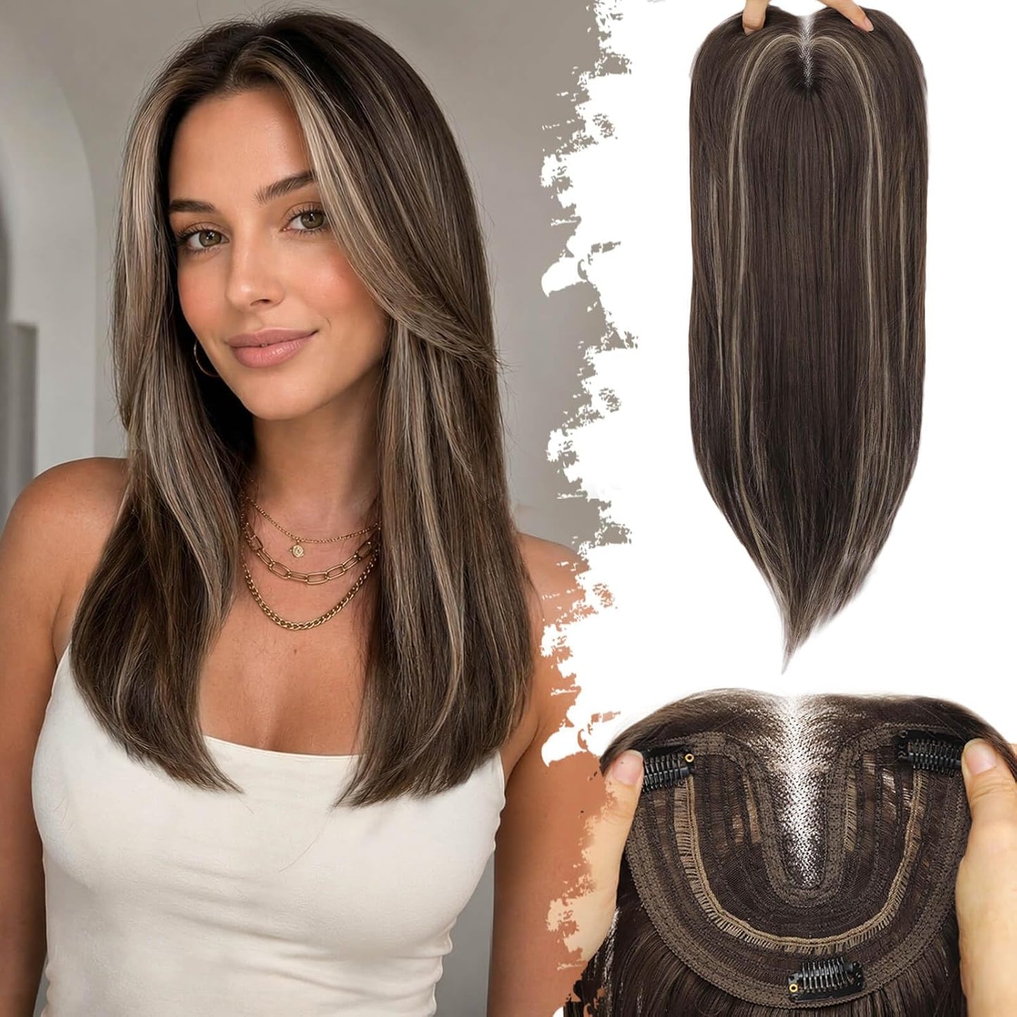 Ash Blonde Synthetic Hair Toppers with Platinum Highlights - 18" Long, 5x6" Base for Thinning Hair, Clip-In Wispy Bangs