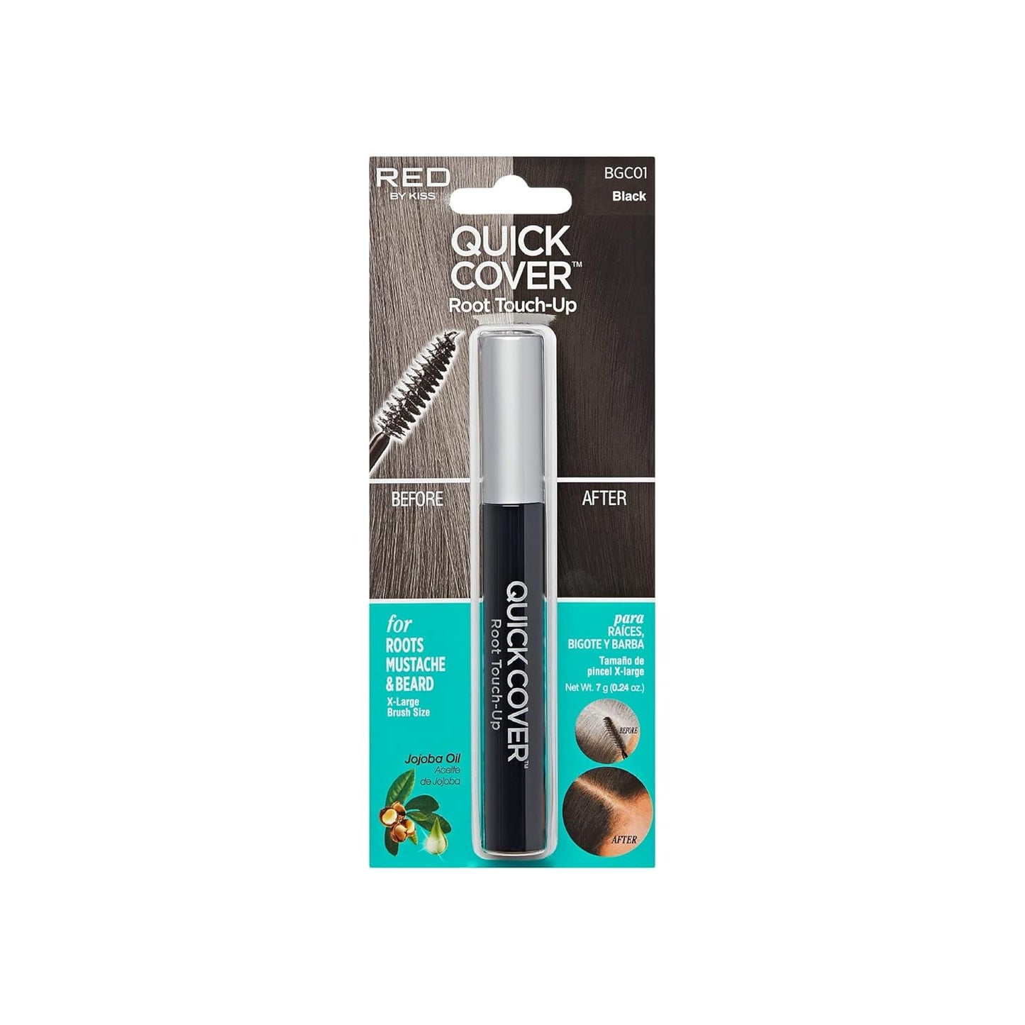 Quick Cover Root Touch Up - Water-Resistant Gray Concealer Brush for Hair, Mustache & Beard | Black, Jojoba Oil Formula