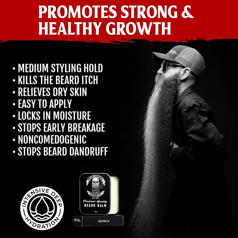 Mad Viking Valhalla Beard Balm – Non-Greasy Balm to Soften and Style with a Medium Hold - Made with Shea Butter, Beeswax & Premium Oils - Smooth Sandalwood & Vanilla Scent, Made in the USA - 2oz