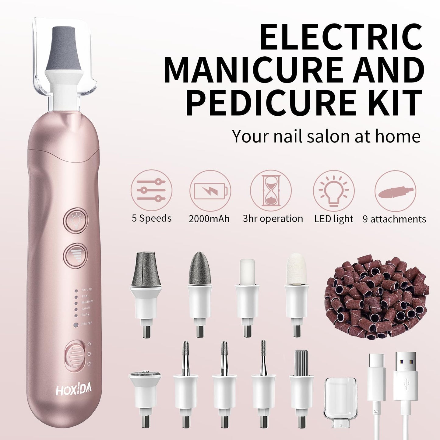 Hoxida Manicure Pedicure Kit, Professional Nail Grinder for Senior Thick Toenail, Cordless Electric Nail File, 5 Speeds Pedicure Tools for feet Callus Remover, Nail Drill for Women Hand Feet Care
