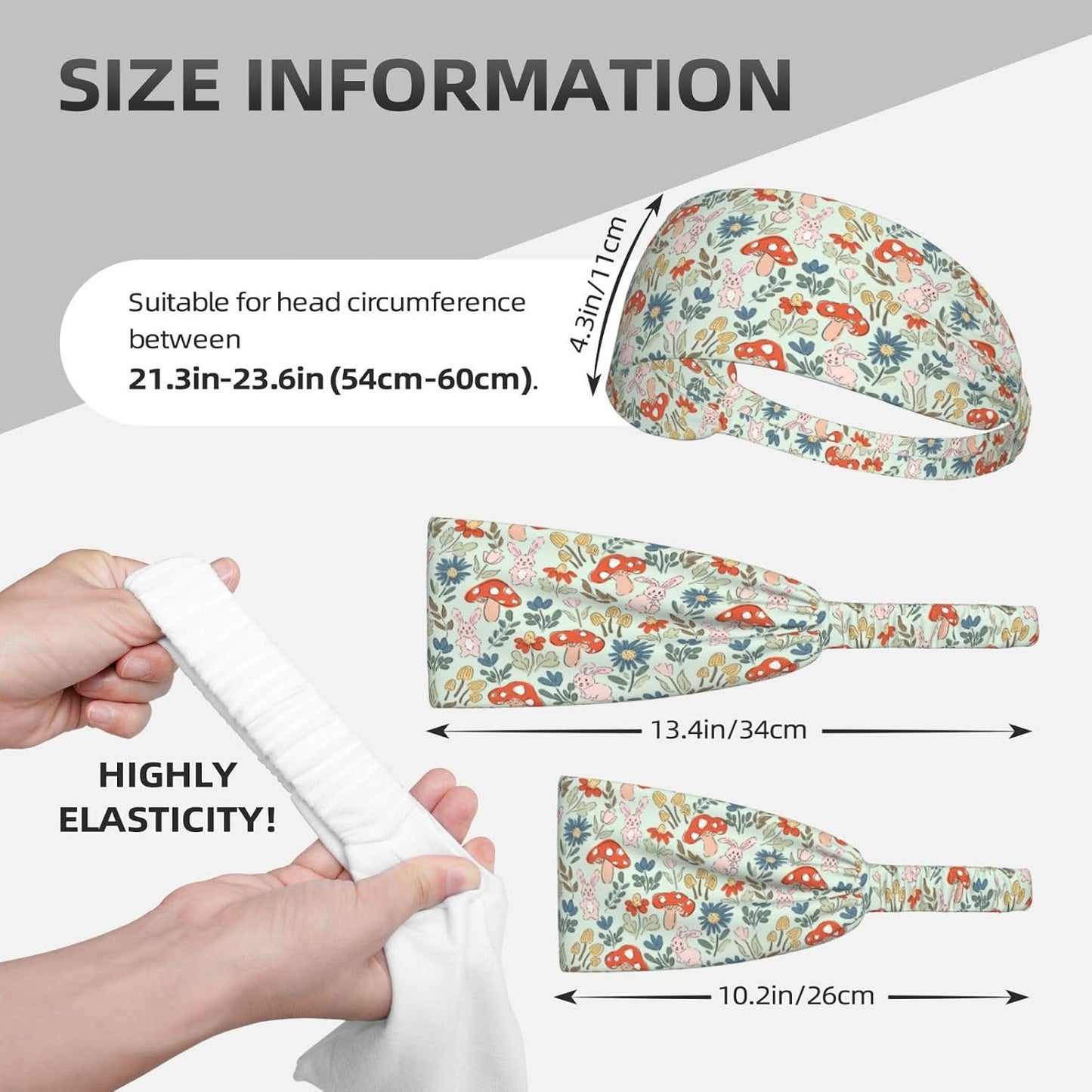 Mushroom Bunny Floral Print Headband - Light Blue Elastic Hair Band for Women | Daily Wear & Yoga
