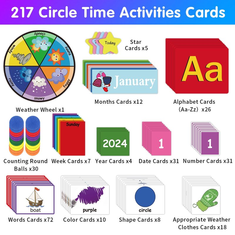 BOHEMIABY Circle Time Learning Center Classroom Pocket Chart Preschool, Educational Pocket Chart Teaching Materials, Learning Calendar Weather Counting Letter Color Shape (circle time learning center)
