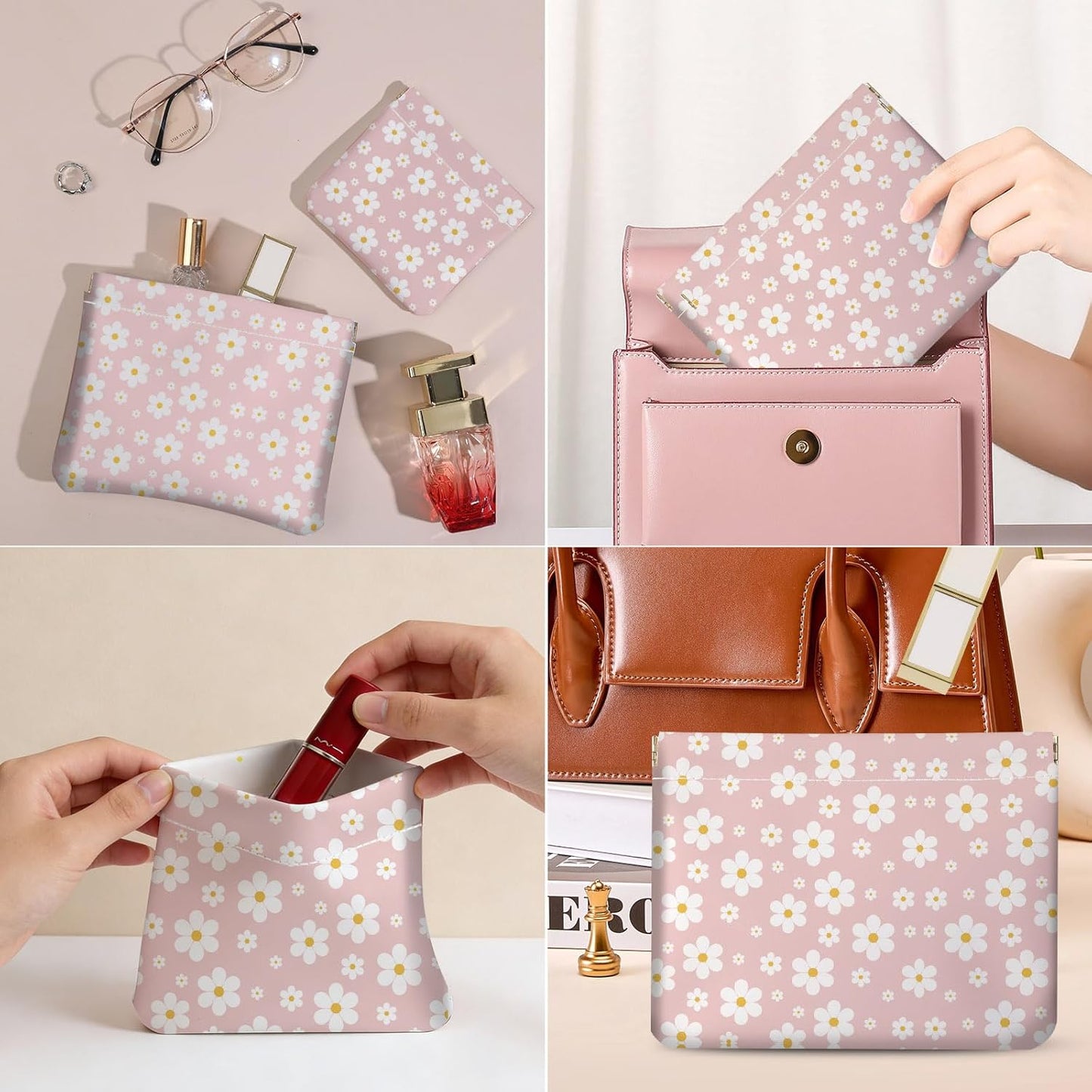 Makeup Bag Set - 2 PCS PU Leather Cosmetic Organizer | Portable Self-Closing Coin Purse for Women - Pinkish-White Flowers