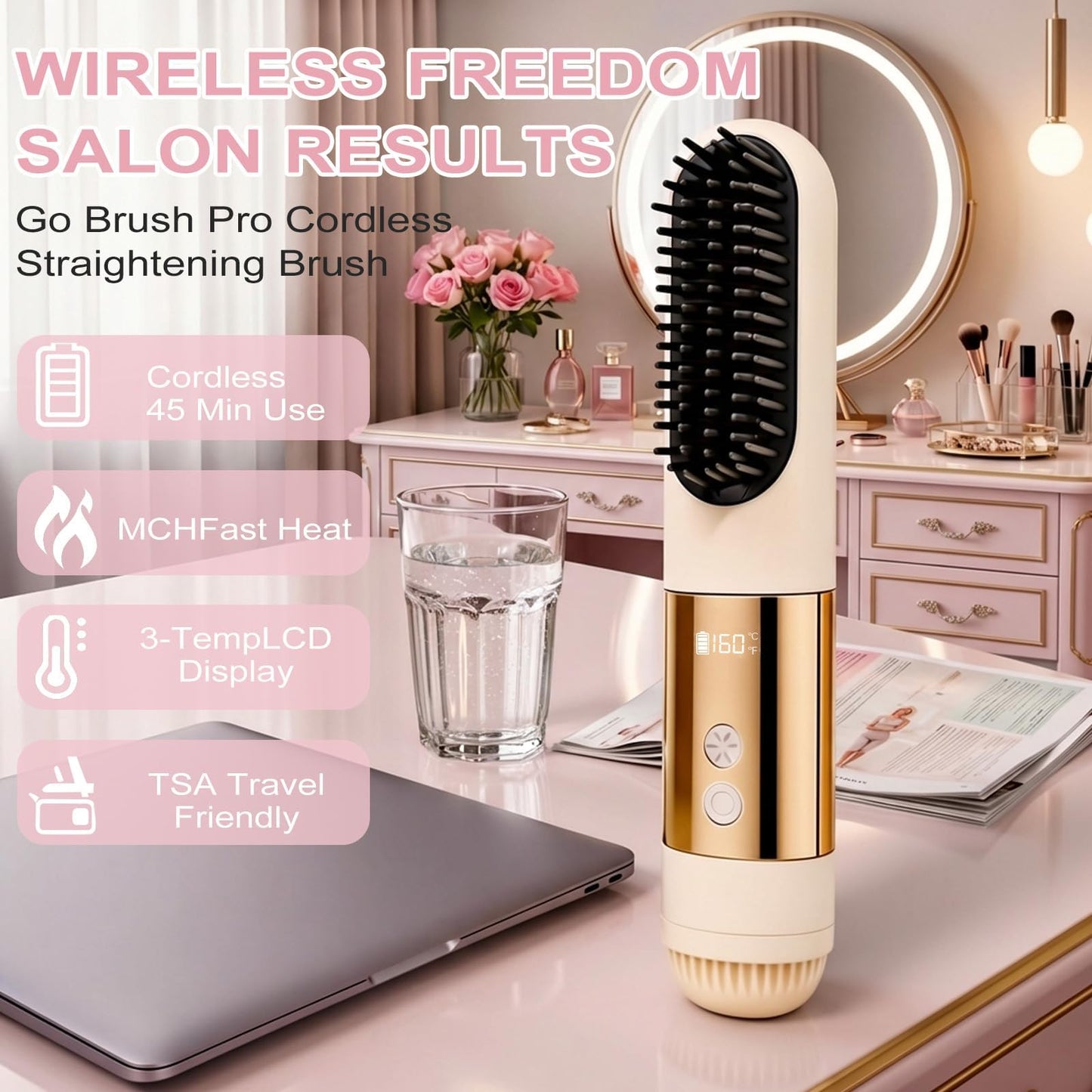 2026 New Go Brush Pro - 3 Temps Portable Cordless Hair Straightener Brush for Travel, Led Digital Display(°C/°F), Cool Air Setting On the Back (Blue)