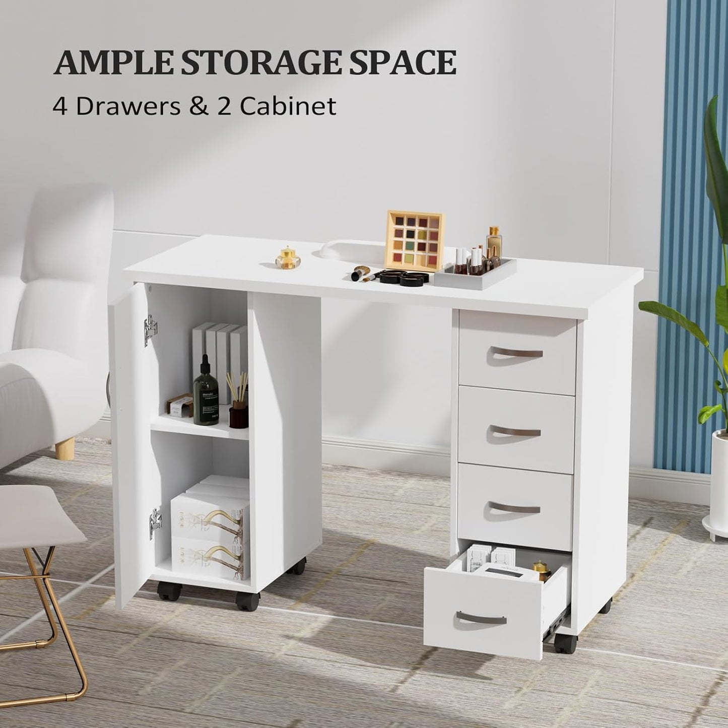 Manicure Table - Professional Nail Desk with Cabinet, Drawers & Wheels | White Spa Salon Workstation