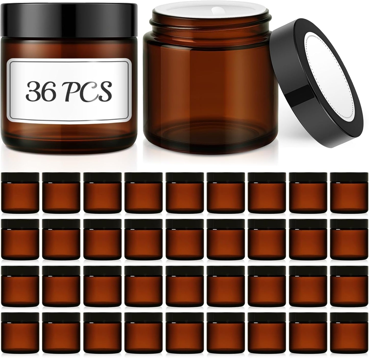 Amber Glass Lotion Jars - 36 Pack 4 oz Refillable Containers with Lids & Inner Liners | Ideal for Creams & Scrubs