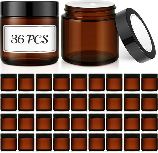 Amber Glass Lotion Jars - 36 Pack 4 oz Refillable Containers with Lids & Inner Liners | Ideal for Creams & Scrubs