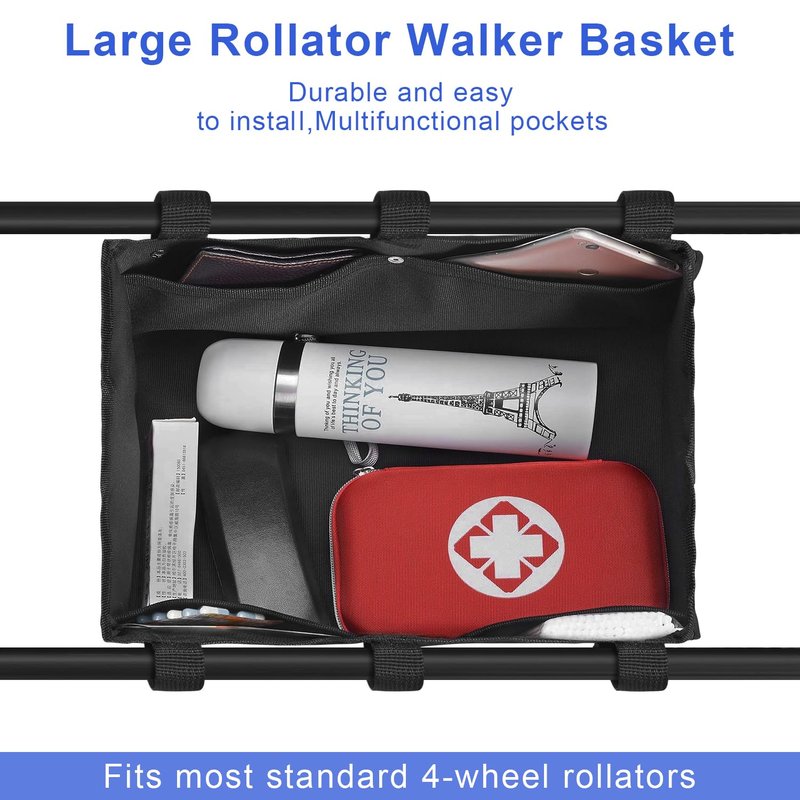 BOHEMIABY Under Seat Rollator Bags, Four Wheel Drive Walker Basket, Reusable Walker Bags for Rolling Walker, Rollator Basket Accessory for Women Men Seniors, Storage Ipad, Books, and Fssentials