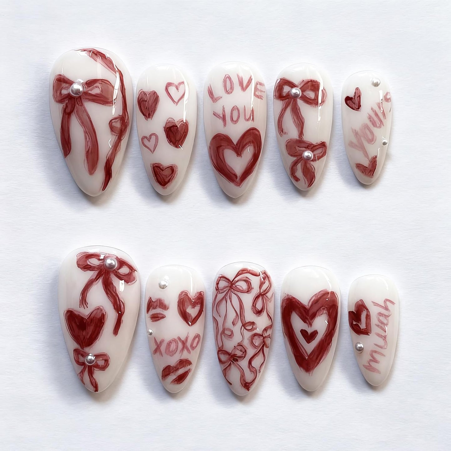Valentine's Press-On Nails - 30 Pcs Short Almond Red French Tip with Pearl & Gold Bow | Romantic Heart Acrylic Set