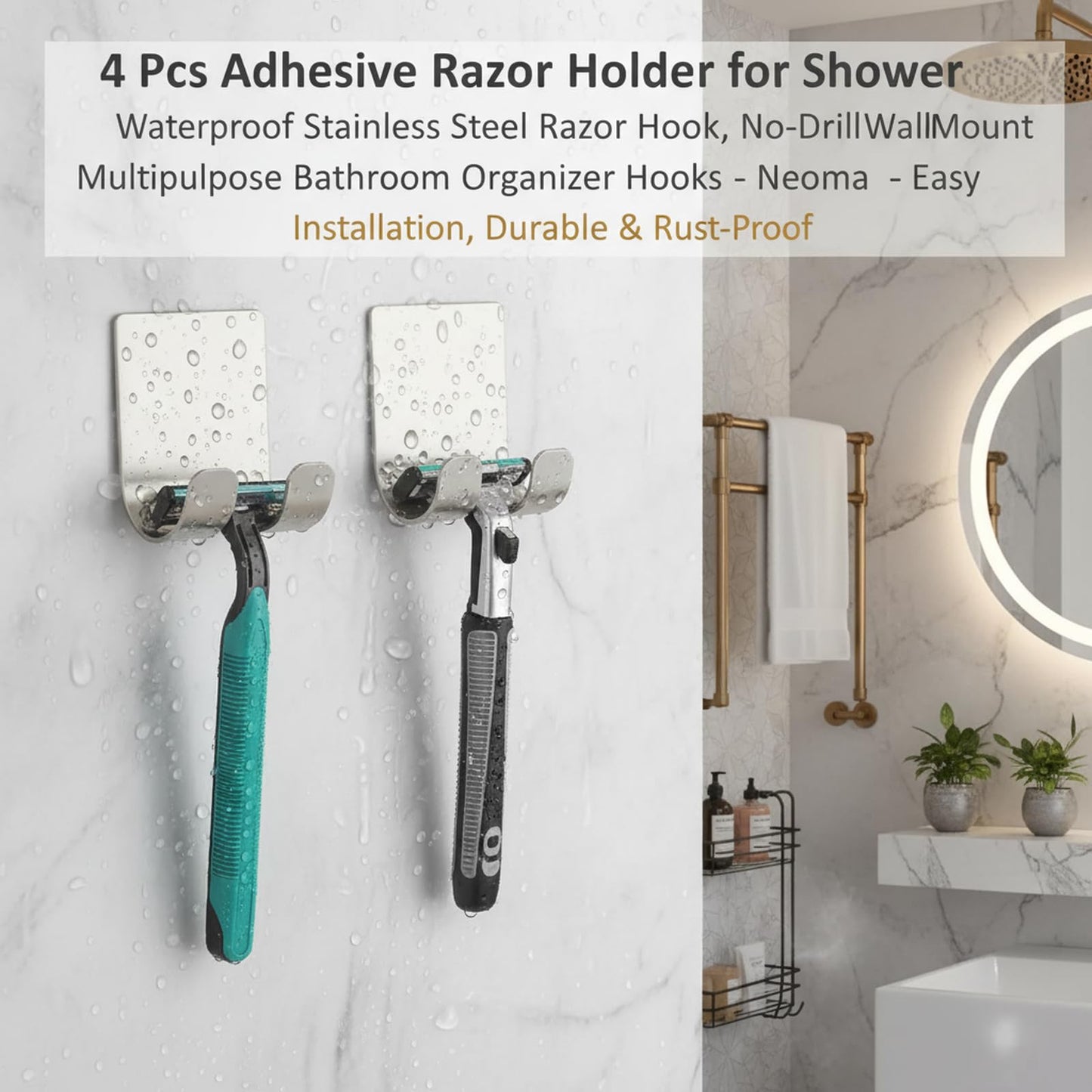 4 Pcs Adhesive Razor Holder for Shower, Waterproof Stainless Steel Razor Hook, No-Drill Wall Mount Shaver Hanger, Multipurpose Bathroom Organizer Hooks (Silvery)