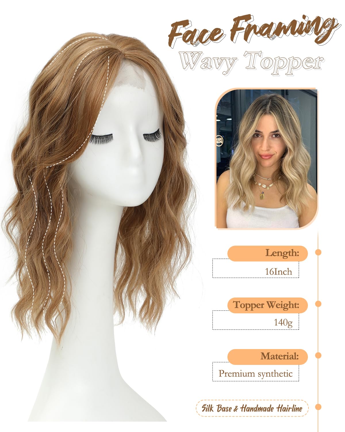 Hair Topper for Women - 16 Inch Natural-Looking Synthetic Hairpiece with Soft Volume & Secure Clips