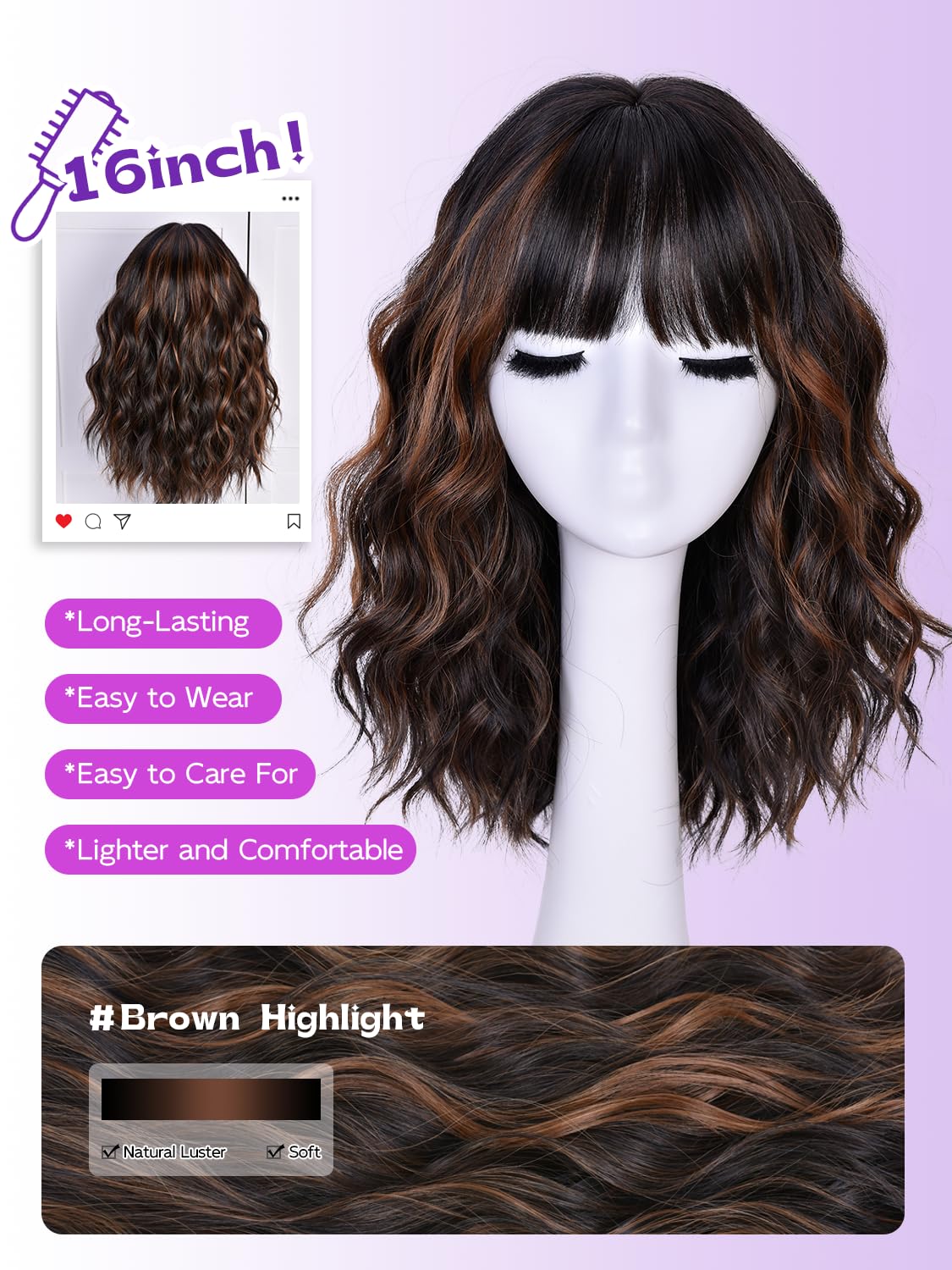Short Wavy Wig with Bangs - Natural Curly Synthetic Hair for Daily Wear | 14-Inch Brown Highlight