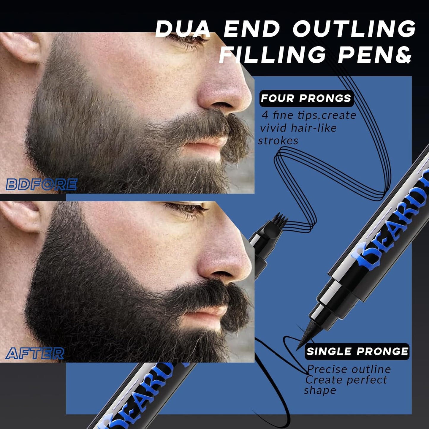 Beard Pencil Kit - Dual End Beard Filler Pen with Brush Set | Waterproof & Long-Lasting for Men - Black