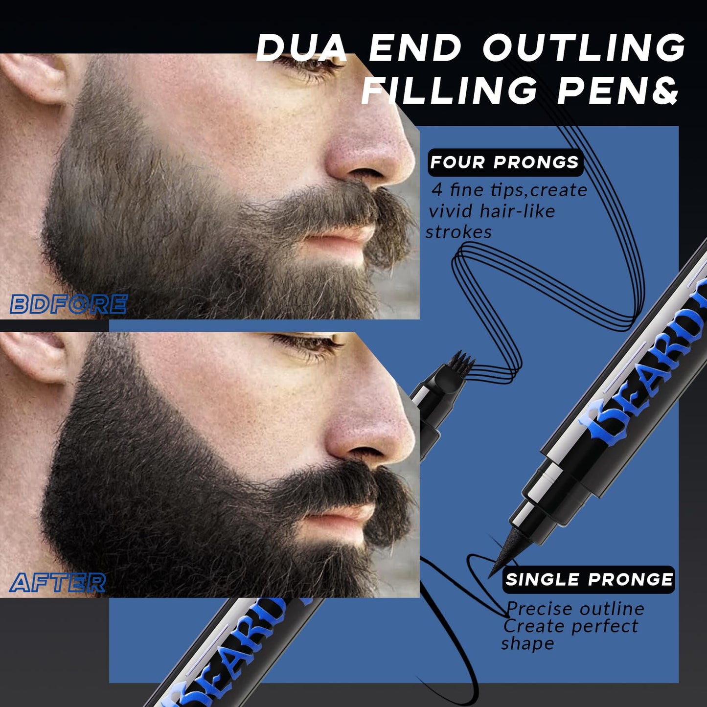 Noerrors Beard Pencil Kit Beard Filler Pen Dual End 4 Tips Beard Pen and Brush Set Hairline Moustache Eyebrows Beard Filling Shaping Styling Makeup Tools Waterproof Longlasting For Men #Black