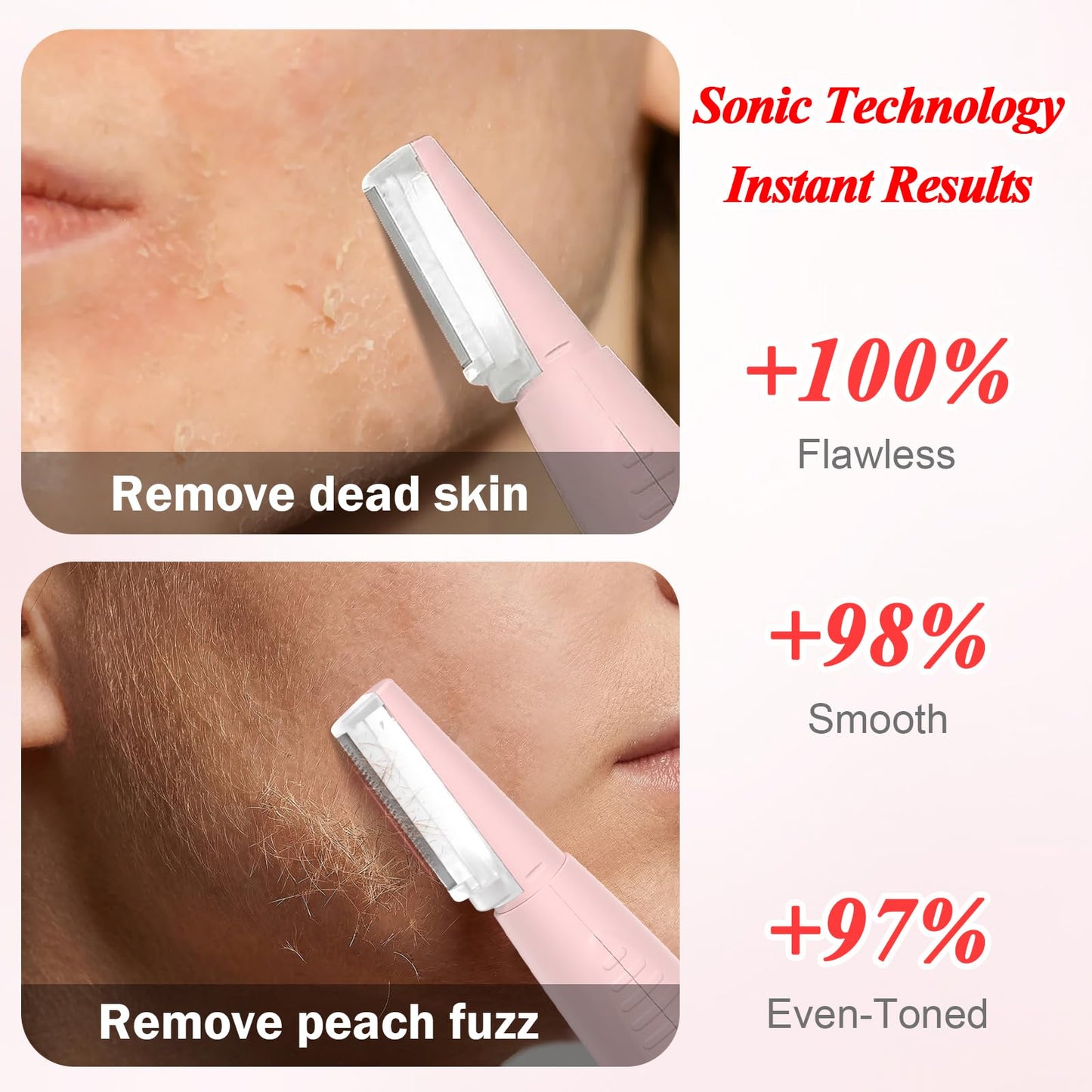 Sonic Dermaplaning Tool, Rechargeable Face Exfoliator with 22,000 Vibrations/Min & 12 Blades (6 Coarse + 6 Fine), Painless Peach Fuzz Removal for Women, Home Facial Hair Razor System with LED Light