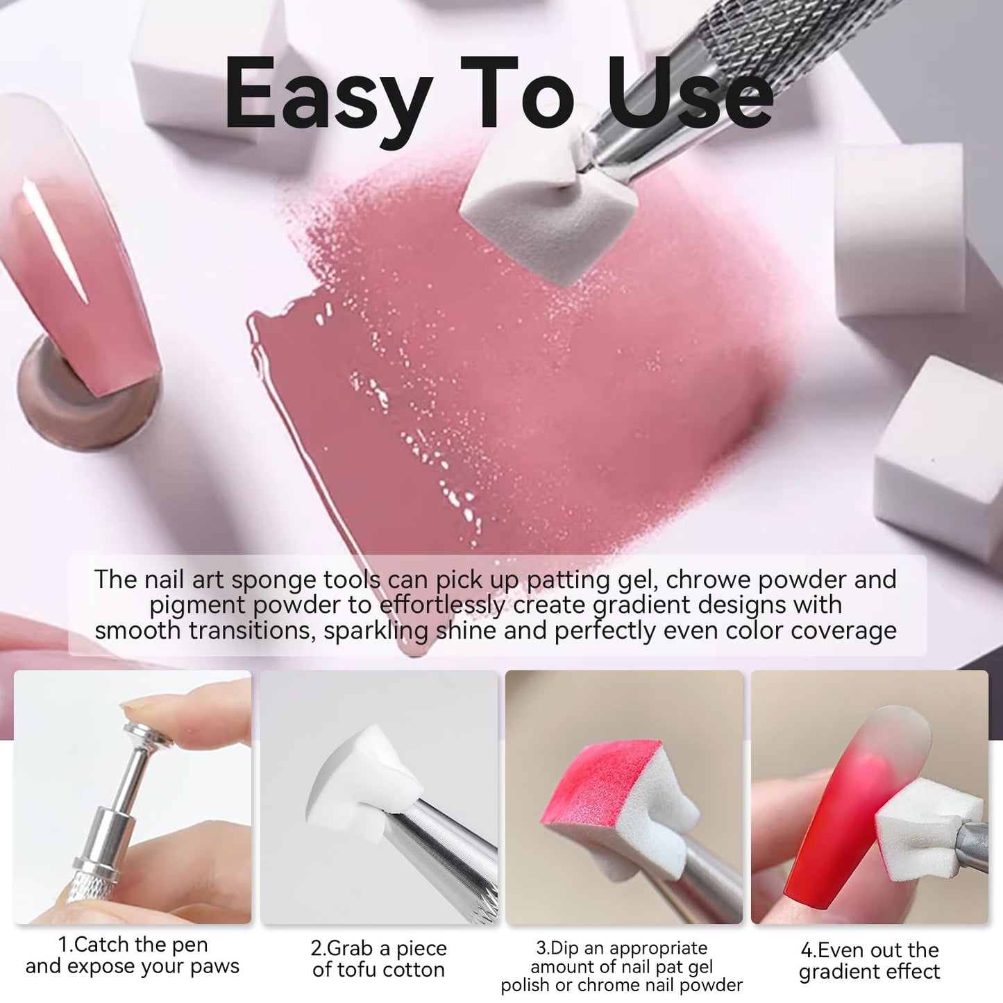 ESUOHYM 200 PCS Nail Sponges for Ombre with Grabbing Pen,Mini Aura blending Sponges for Nail Art,Nail Ombre Brush for Pat Gel & Pigment Powder,Nail Art Tools Accessories Supplies for Home Salon