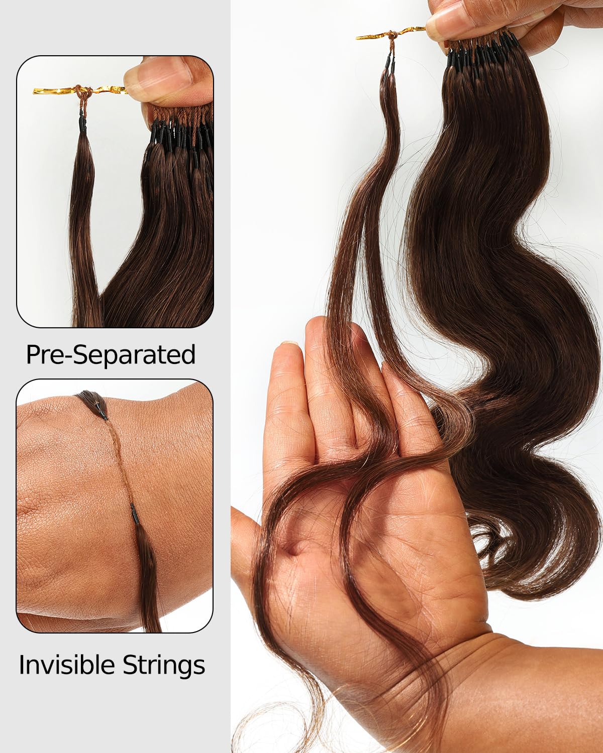 BEEOS Body Wave Crochet Human Hair #4 Brown, Pre-Separated Knotless Feather Crochet Hair for Black Women, Reusable Invisible String 40g 18 Inch