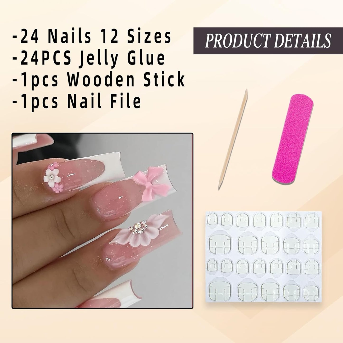 Press On Nails - White French Tip Long Square Design with 3D Flowers & Rhinestones | 24 Reusable Full Cover Nails