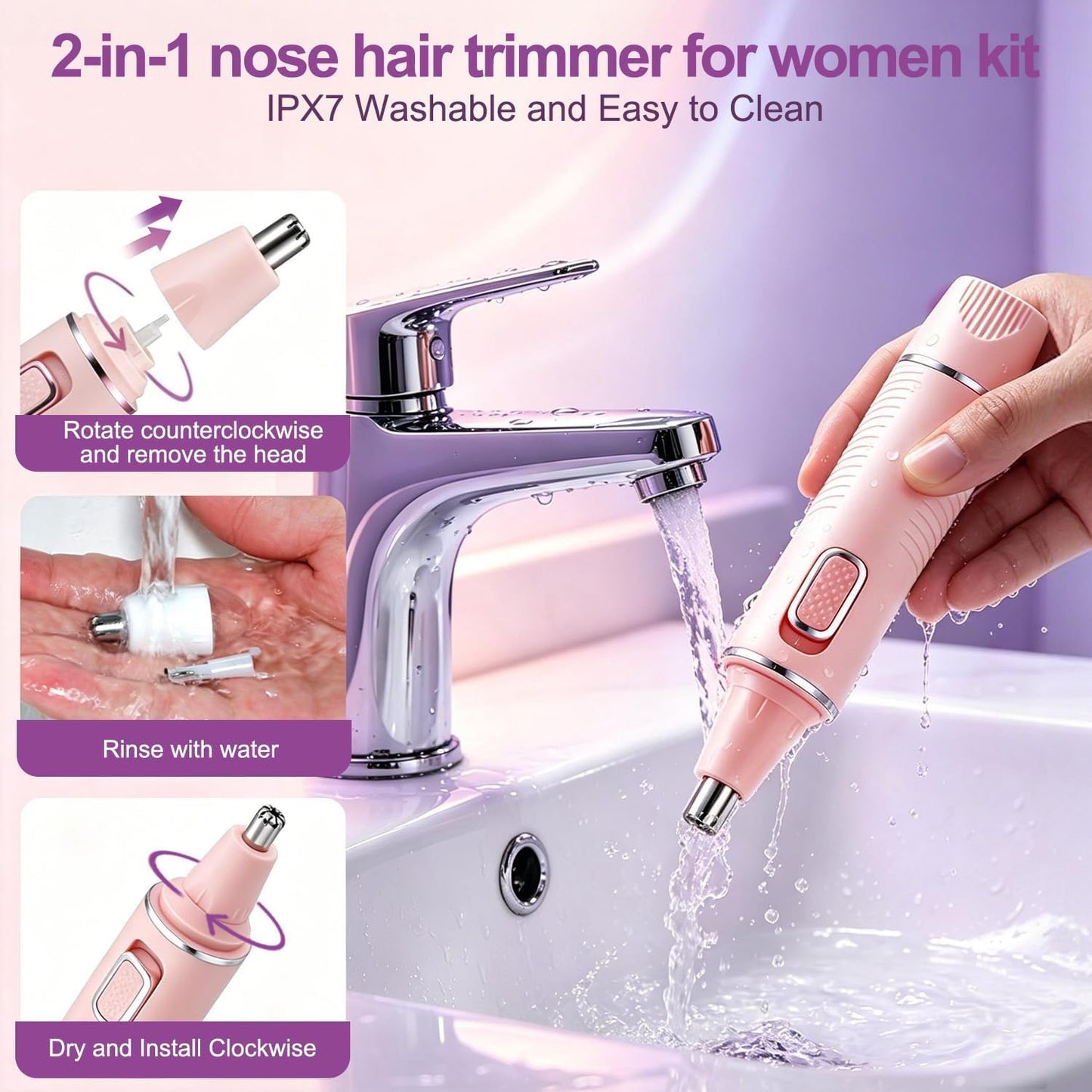 Nose Hair Trimmer for Women,USB Rechargeable Ear and Nose Trimmer,2026 Professiona 2 in 1 Painless Eyebrow & Facial Hair Trimmer Remover,IPX7 Waterproof,Portable Nasal Hair Clipper,Dual-Edge Blades