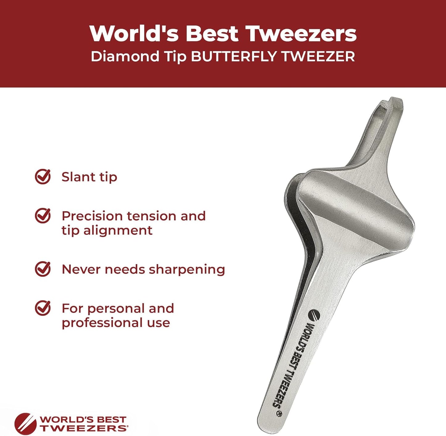 Diamond Butterfly Tweezers - Precision Slant Tip Eyebrow & Facial Hair Removal Tool | Wide Grip Silver Stainless Steel