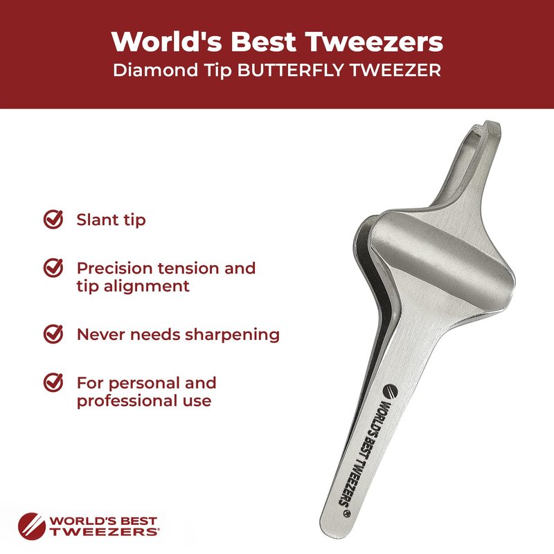 World's Best Tweezers Diamond Butterfly Tweezers - Wide Grip Slant Tip Precision Tweezers for Eyebrow, Facial & Ingrown Hair Removal - Perfectly Aligned Tool for Women&Men - Silver Stainless Steel
