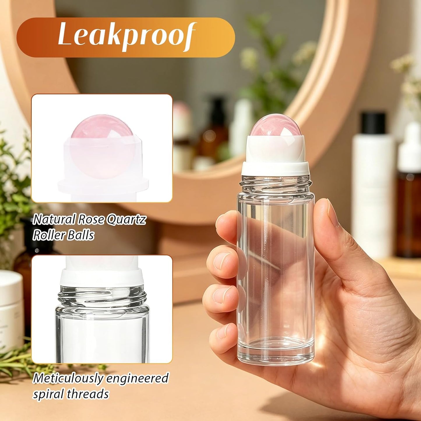 Rose Quartz Roller Bottles - 2 Pack Leakproof Glass Bottles for Essential Oils | 50ml & 30ml Sizes