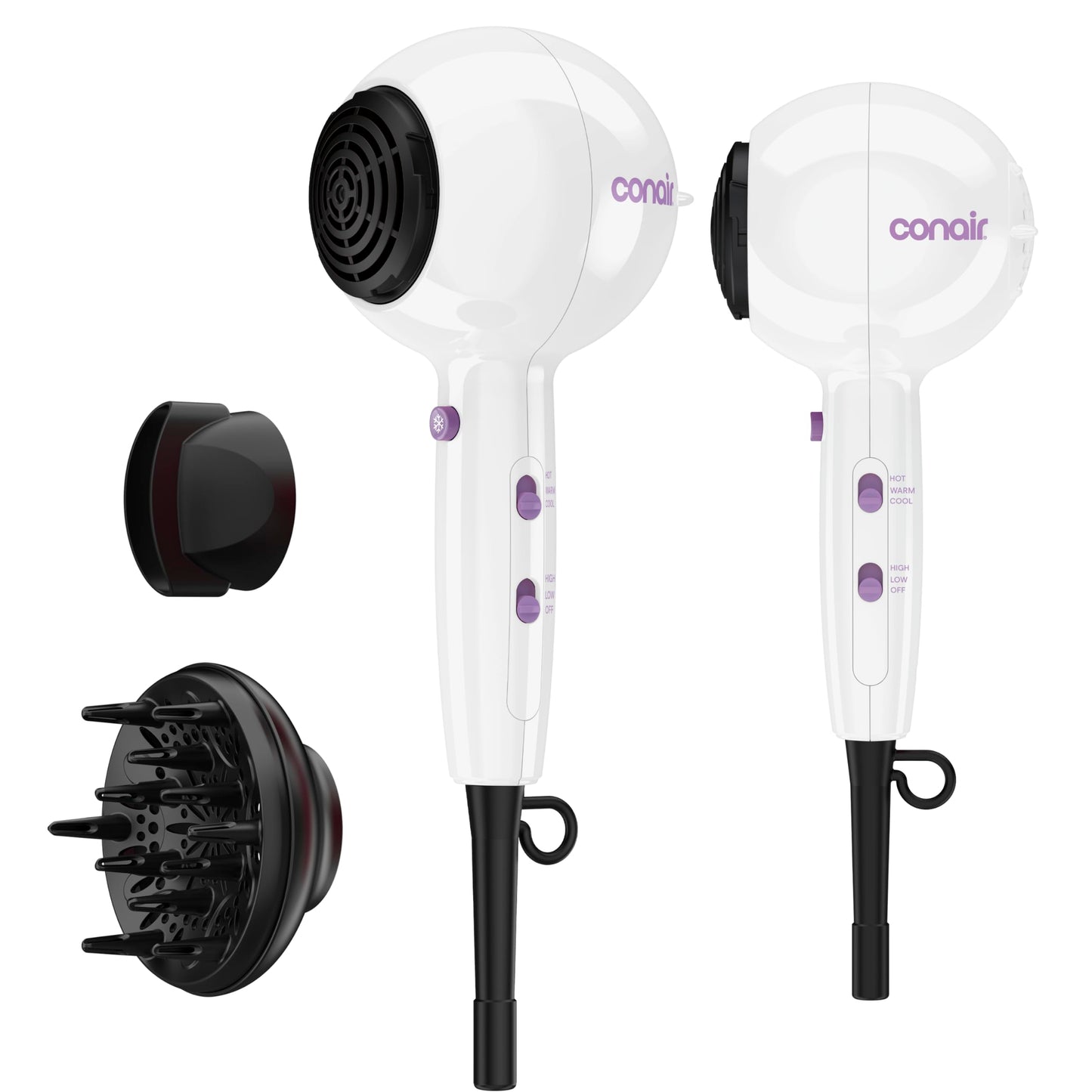 Conair Cake Pop Hair Dryer with Diffuser & Concentrator Attachments, Blow Dryer, Hair Dryers for Women, Tourmaline Ceramic Technology, 3 Heat/2 Speed Settings, Compact Hair Dryer w/Concentrator, White