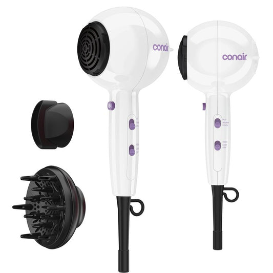 Conair Cake Pop Hair Dryer with Diffuser & Concentrator Attachments, Blow Dryer, Hair Dryers for Women, Tourmaline Ceramic Technology, 3 Heat/2 Speed Settings, Compact Hair Dryer w/Concentrator, White