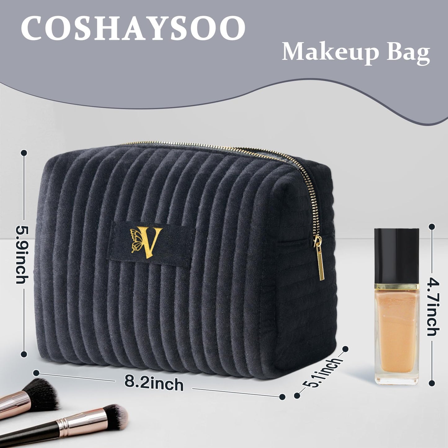 COSHAYSOO Birthday Gifts for Teens College Big Sister Girls Trip Gifts Favors Travel Makeup Bag Quilted Make Up Pouch Initial Velvet Cosmetic Case with Butterfly Decorations for Women Black Letter V