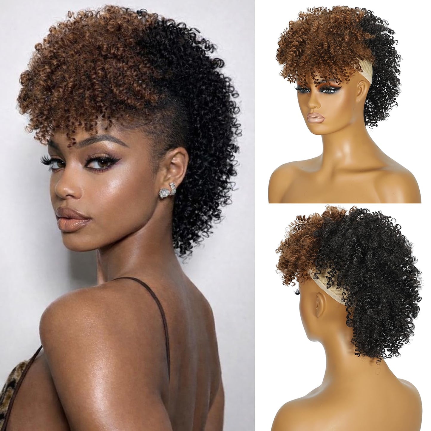 Mohawk Wig Kinky Curly Dark Brown Ponytail Extension with Bangs,Short Curly Synthetic Clip in Mohawk Ponytails with Six Clips and Two Combs Fluffy Natural Hair for Daily and Party Use 33#